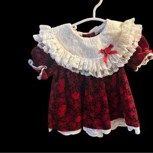 Vintage Red Floral Baby Dress with Lace Collar